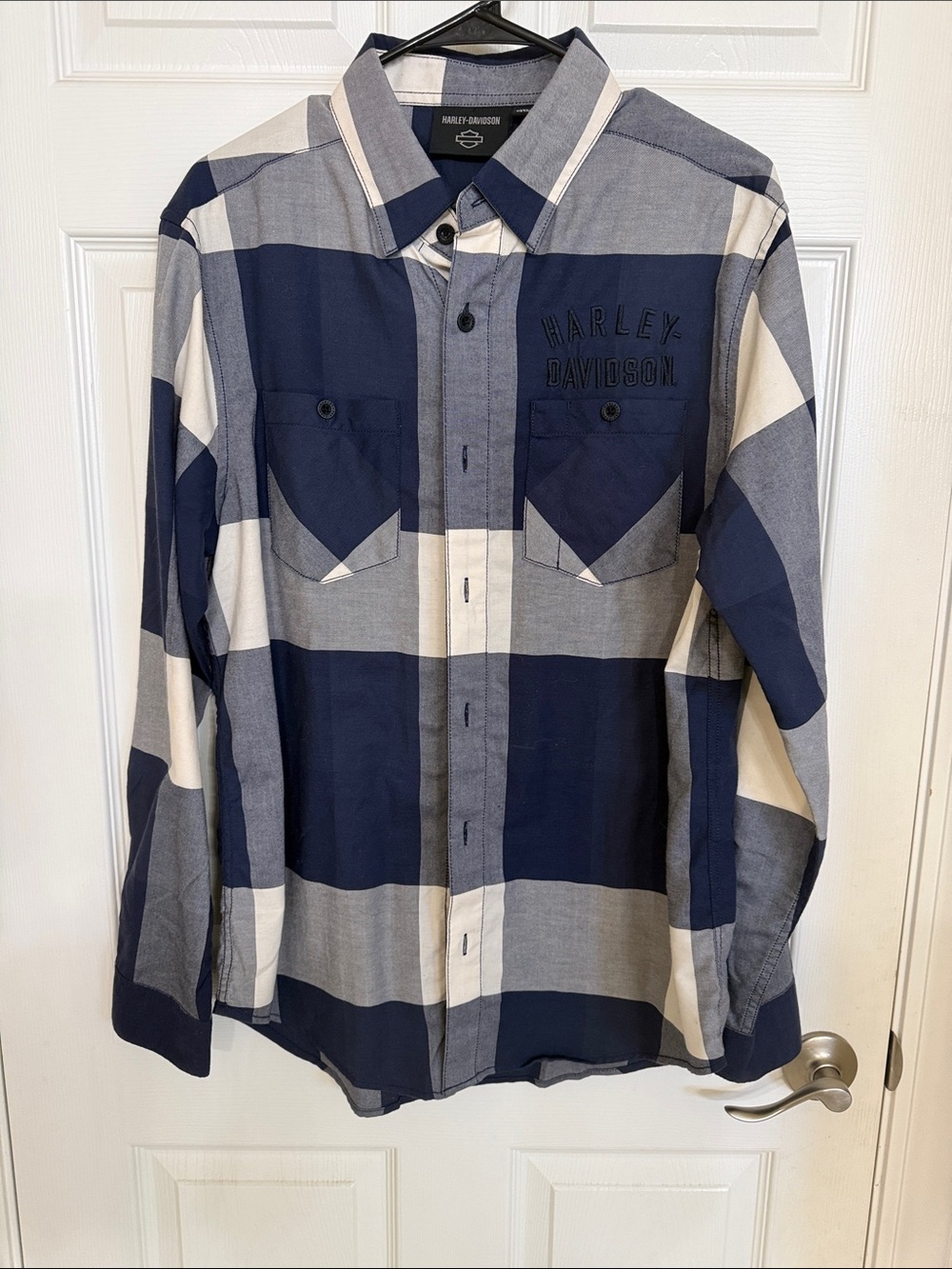 Harley-Davidson Navy and Cream Plaid Button-Down Shirt
